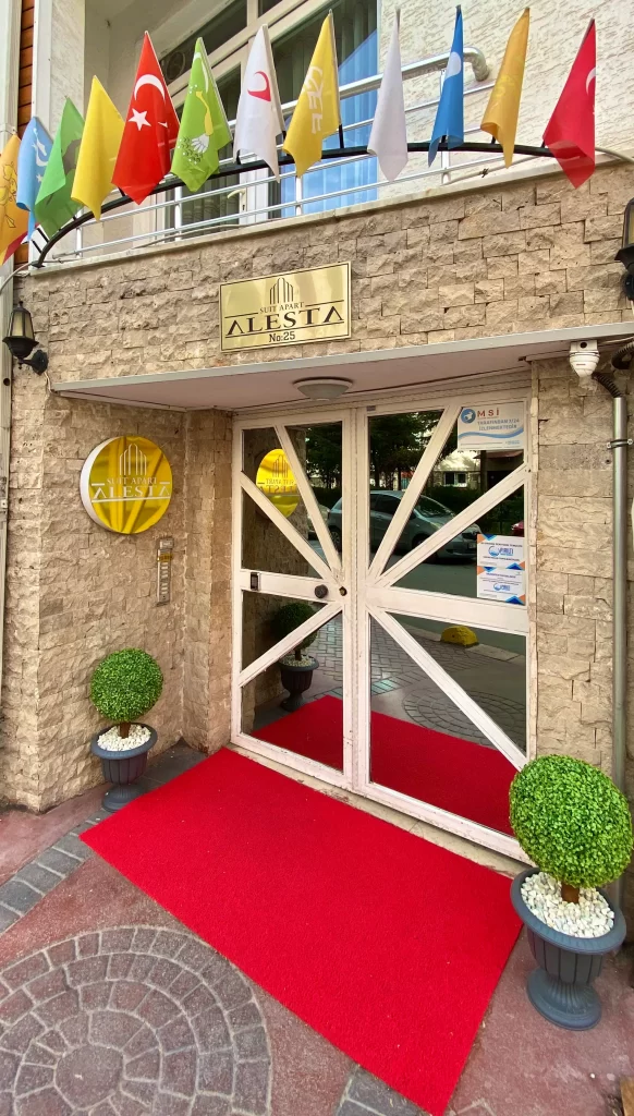 Eskişehir Alesta Apart’ın modern dizayn edilmiş bir odası; yatak, masa ve sandalye ile donatılmış.